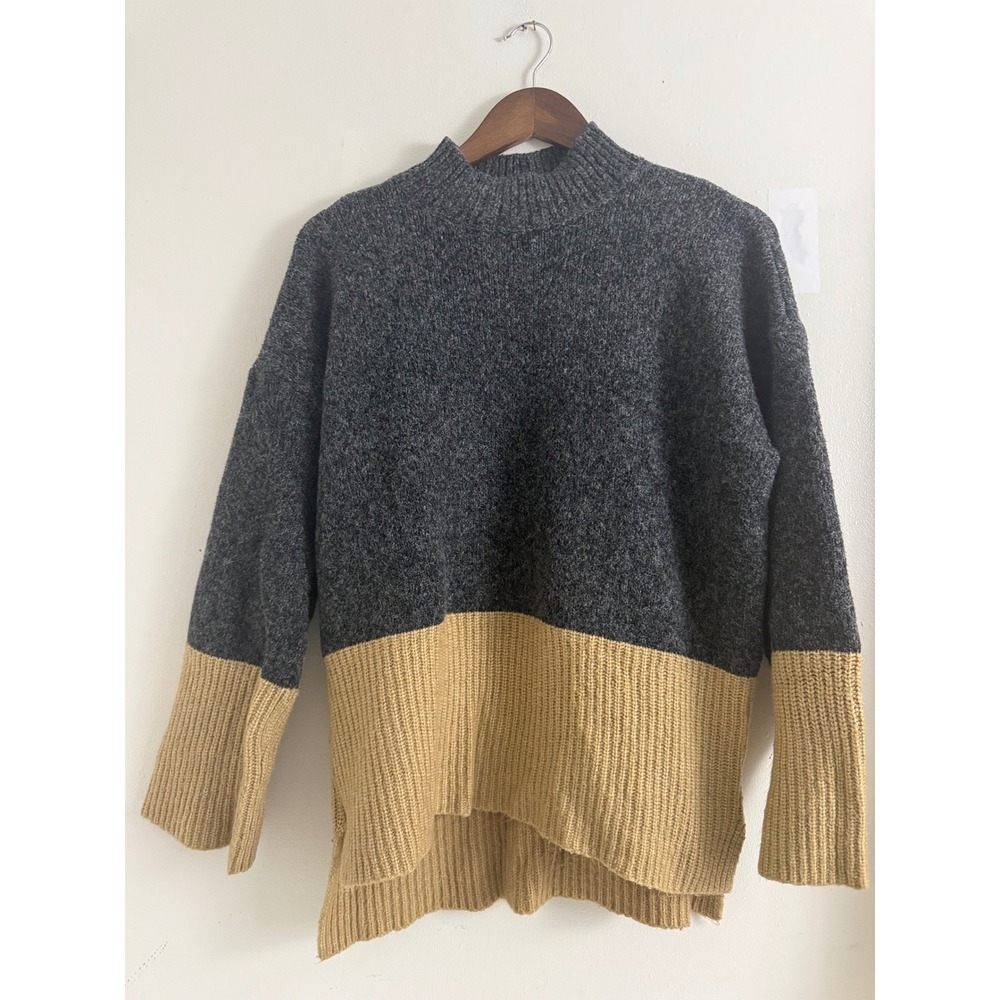 Michael Kors Colorblock Mock Neck Sweater Grey Tan High Low Hem Womens Large